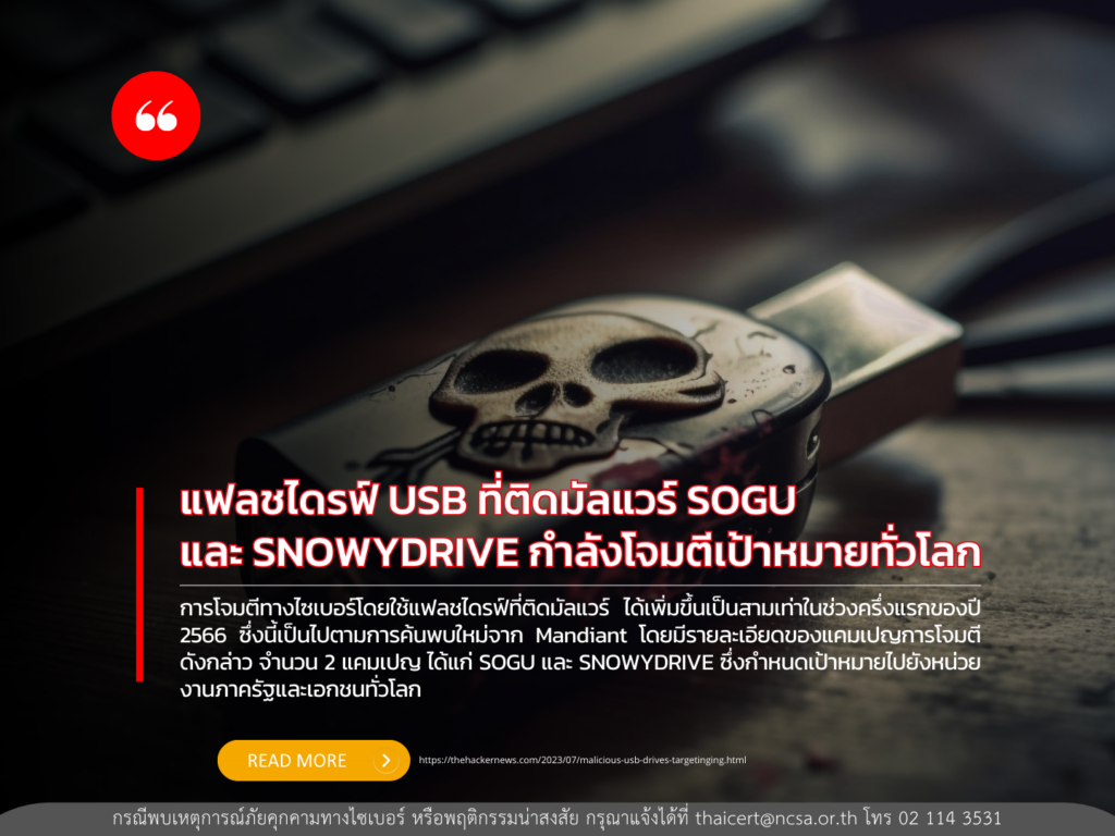 แฟลชไดรฟ์ USB ที่ติดมัลแวร์ SOGU และ SNOWYDRIVE กำลังโจมตีเป้าหมายทั่วโลก