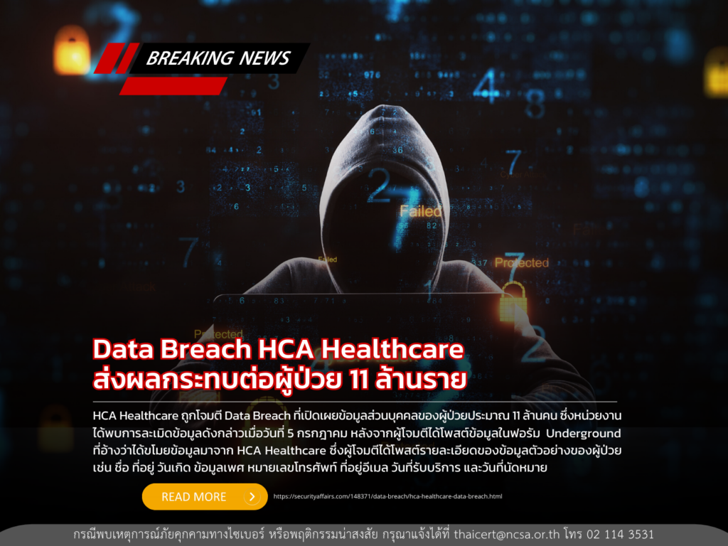 การละเมิดข้อมูลของ HCA Healthcare ส่งผลกระทบต่อผู้ป่วย 11 ล้านราย