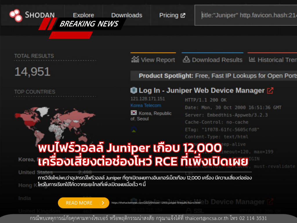 พบไฟร์วอลล์ Juniper เกือบ 12,000 เครื่องเสี่ยงต่อช่องโหว่ RCE ที่เพิ่งเปิดเผย