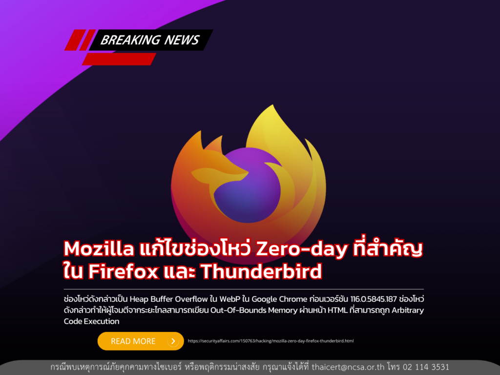 Mozilla แก้ไขช่องโหว่ Zero-day ที่สำคัญใน Firefox และ Thunderbird
