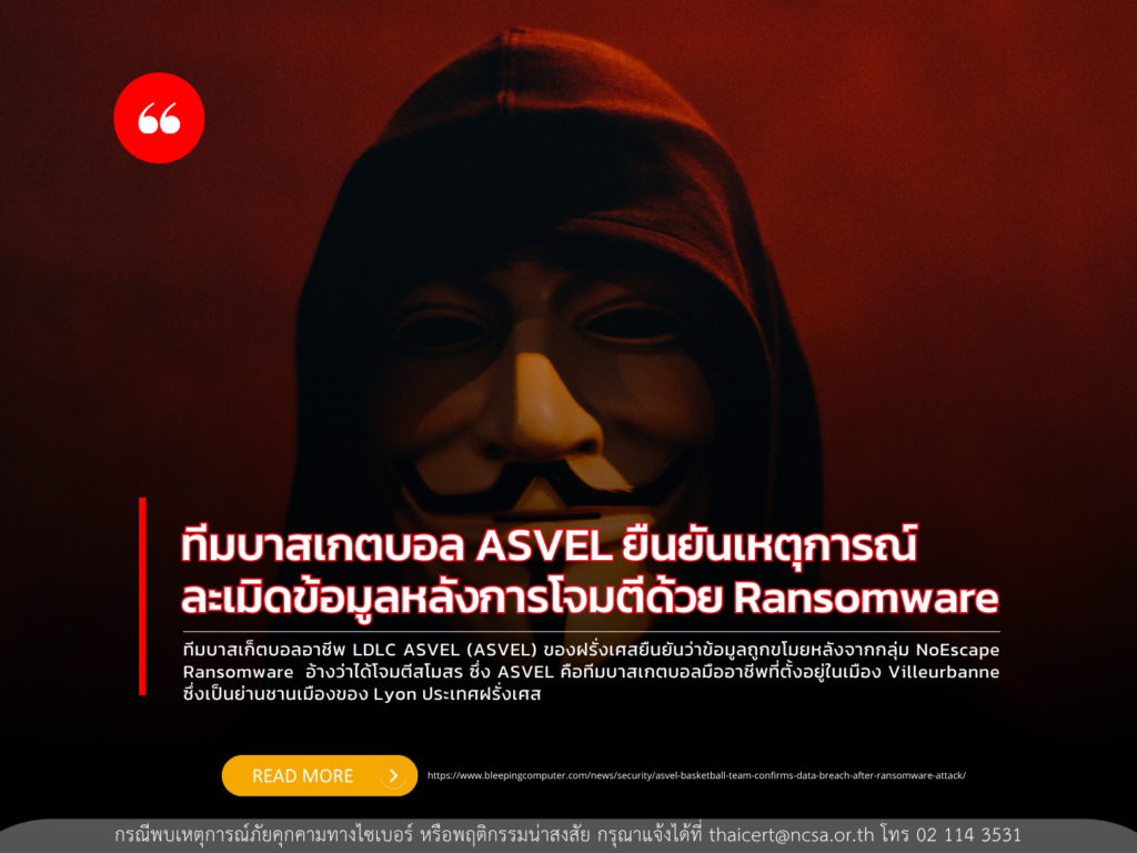 ทีมบาสเกตบอล ASVEL ยืนยันเหตุการณ์ละเมิดข้อมูลหลังการโจมตีด้วย Ransomware