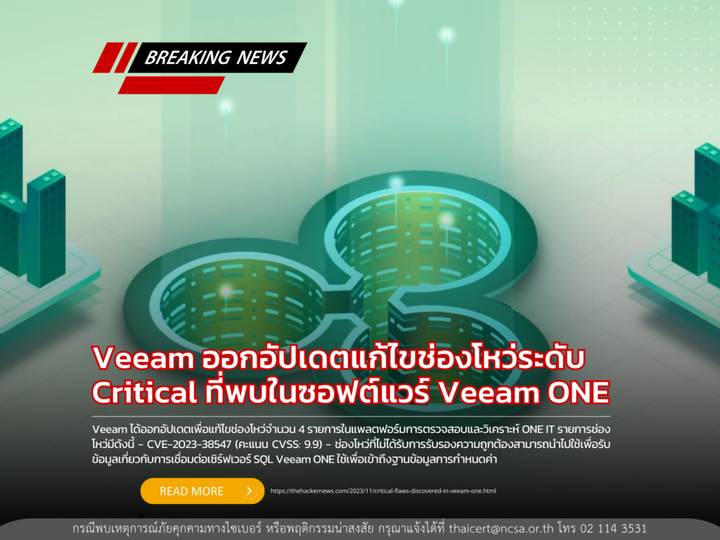 Veeam ออกอัปเดตแก้ไขช่องโหว่ระดับ Critical ที่พบในซอฟต์แวร์ Veeam ONE