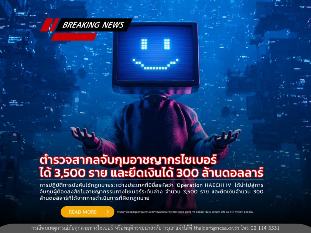 ตำรวจสากลจับกุมอาชญากรไซเบอร์ได้ 3,500 ราย และยึดเงินได้ 300 ล้านดอลลาร์
