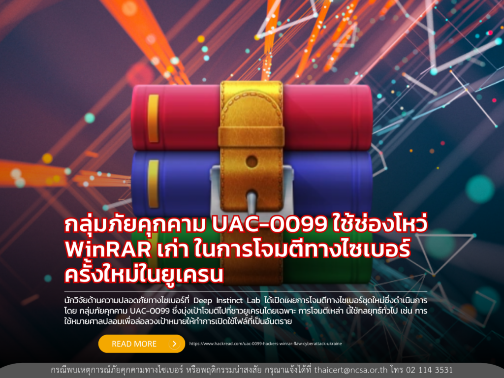 กลุ่มภัยคุกคาม UAC-0099 ใช้ช่องโหว่ WinRAR เก่า ในการโจมตีทางไซเบอร์ครั้งใหม่ในยูเครน