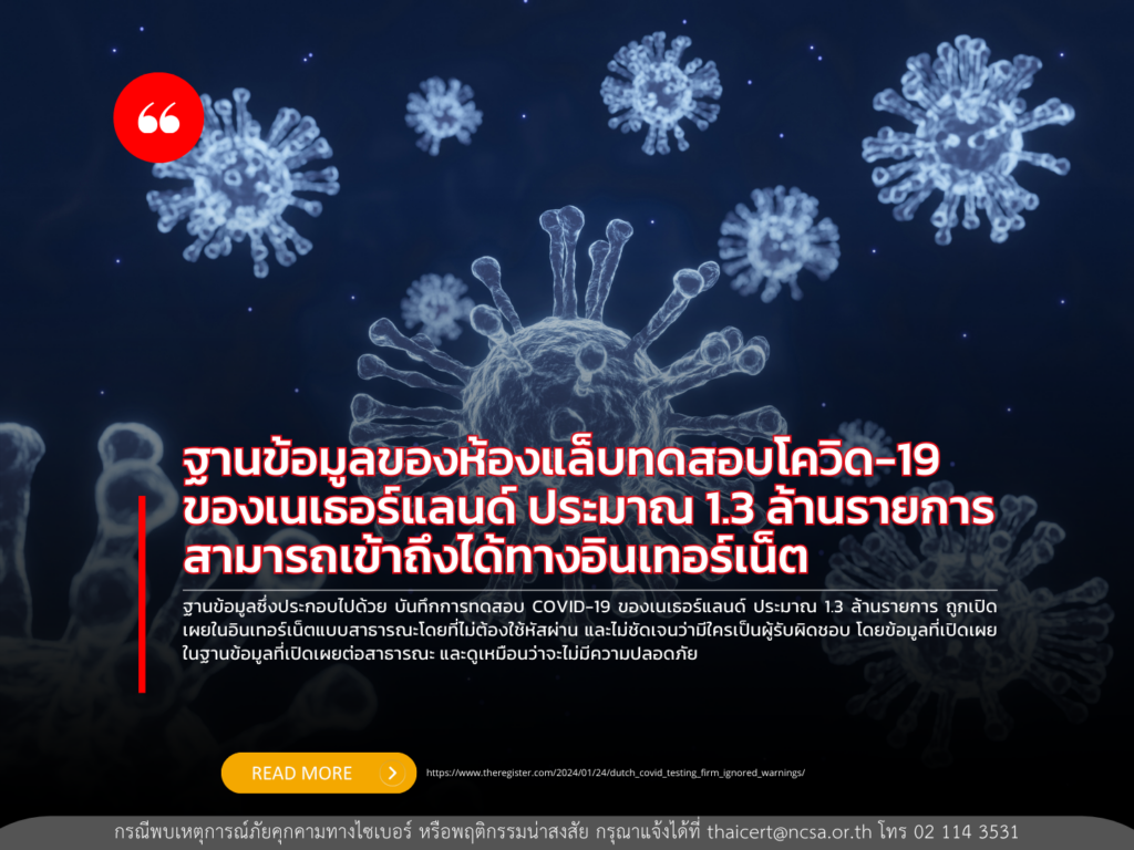 ฐานข้อมูลของห้องแล็บทดสอบโควิด-19 ของเนเธอร์แลนด์ ประมาณ 1.3 ล้านรายการ สามารถเข้าถึงได้ทางอินเทอร์เน็ต