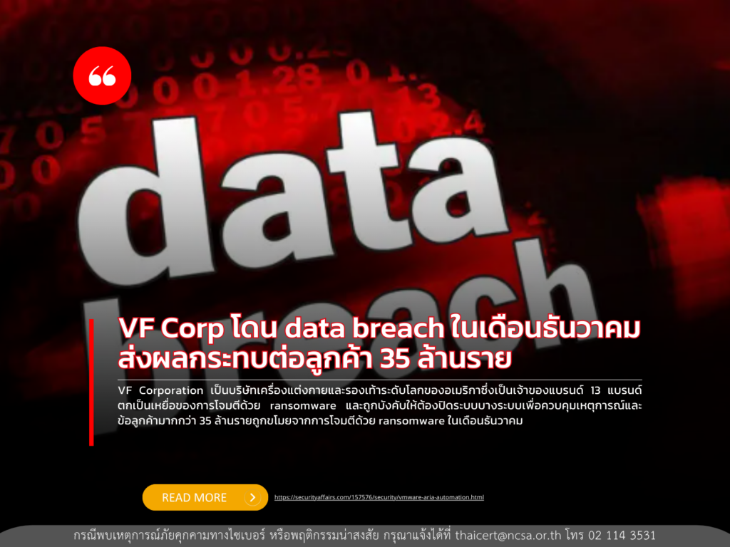 VF Corp โดน data breach ในเดือนธันวาคมส่งผลกระทบต่อลูกค้า 35 ล้านราย