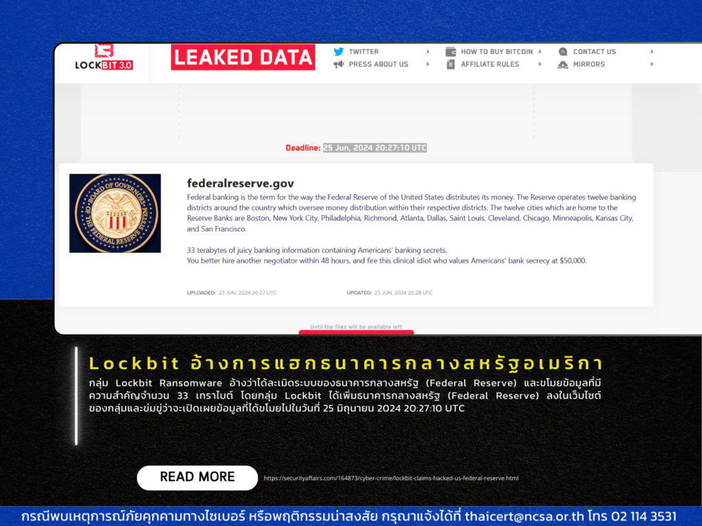 Lockbit อ้างการแฮกธนาคารกลางสหรัฐอเมริกา
