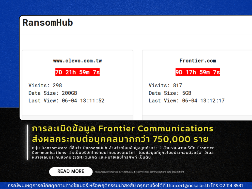 การละเมิดข้อมูล Frontier Communications ส่งผลกระทบต่อบุคคลมากกว่า 750,000 ราย