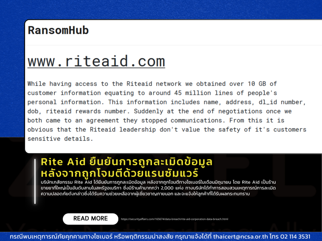 Rite Aid ยืนยันการถูกละเมิดข้อมูล หลังจากถูกโจมตีด้วยแรนซัมแวร์
