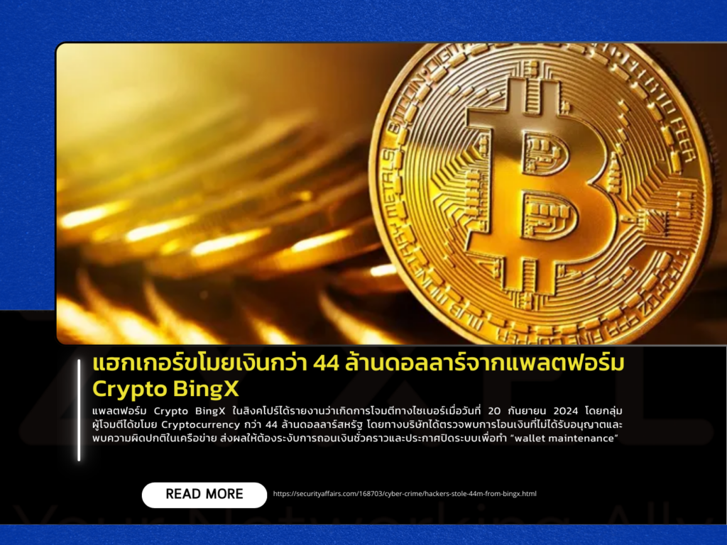แฮกเกอร์ขโมยเงินกว่า 44 ล้านดอลลาร์จากแพลตฟอร์ม Crypto BingX