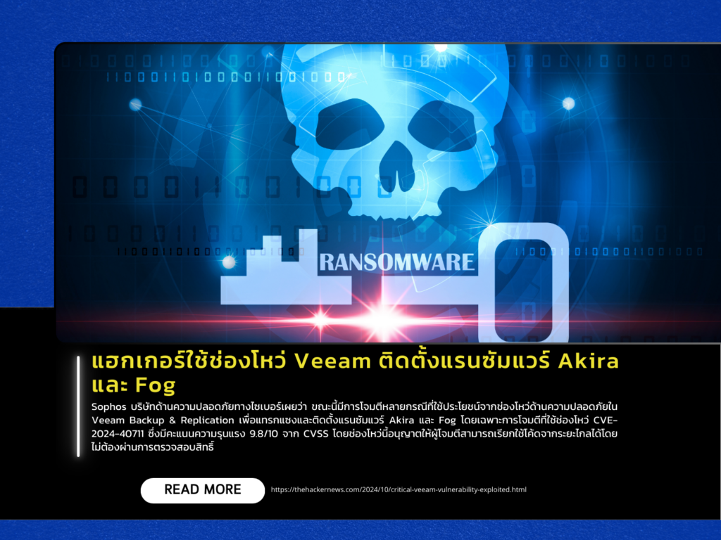 แฮกเกอร์ใช้ช่องโหว่ Veeam ติดตั้งแรนซัมแวร์ Akira และ Fog