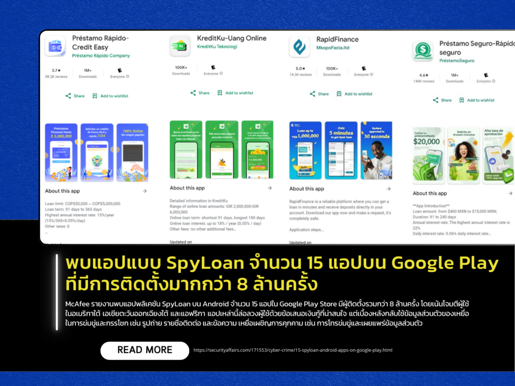 15 SpyLoan apps discovered on Google Play with over 8 million installations.