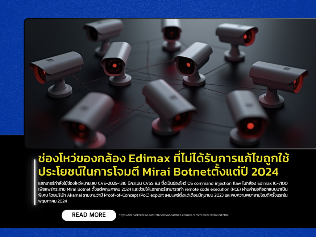 Unpatched Edimax Camera Vulnerability Exploited in Mirai Botnet Attacks Since 2024