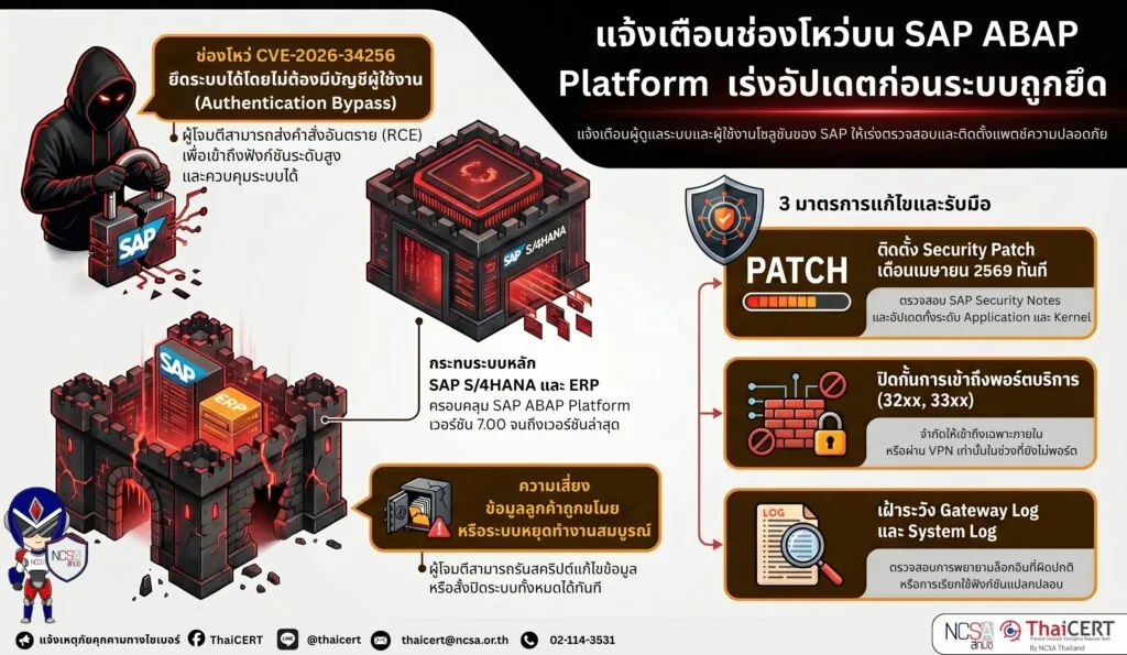 แจ้งเตือนช่องโหว่บน SAP ABAP Platform (Advanced Business Application Programming Platform)และการอัปเดตความปลอดภัยประจำเดือนเมษายน 2569