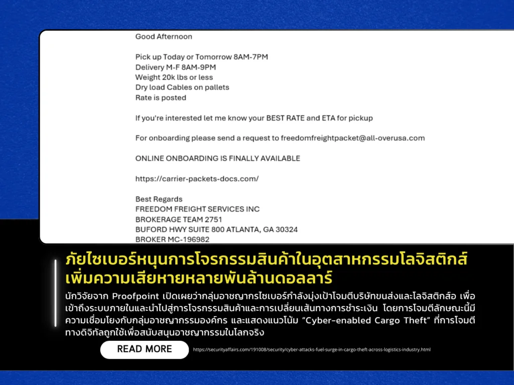 ภัยไซเบอร์หนุนการโจรกรรมสินค้าในอุตสาหกรรมโลจิสติกส์ เพิ่มความเสียหายหลายพันล้านดอลลาร์