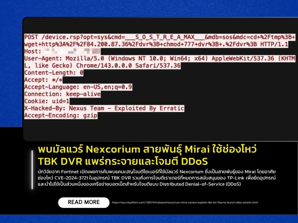 พบมัลแวร์ Nexcorium สายพันธุ์ Mirai ใช้ช่องโหว่ TBK DVR แพร่กระจายและโจมตี DDoS