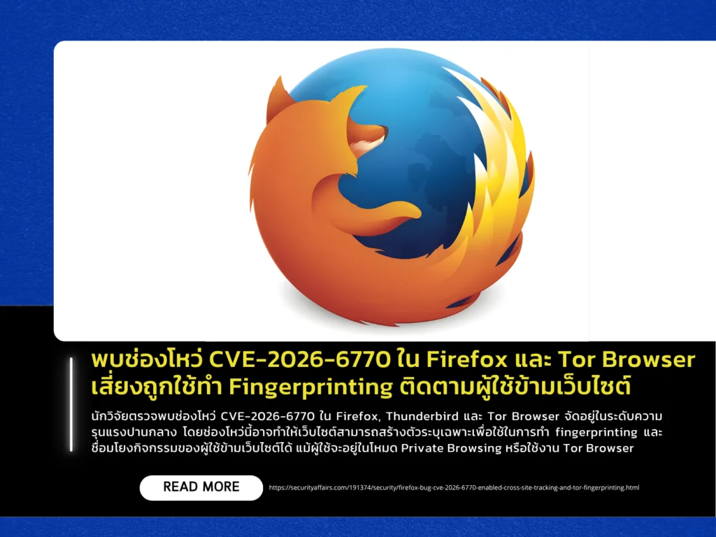 พบช่องโหว่ CVE-2026-6770 ใน Firefox และ Tor Browser เสี่ยงถูกใช้ทำ Fingerprinting ติดตามผู้ใช้ข้ามเว็บไซต์
