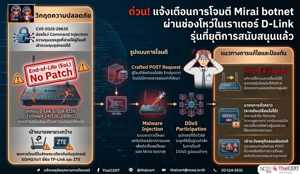 ด่วน! แจ้งเตือนการโจมตี Mirai botnet ผ่านช่องโหว่ในเราเตอร์ D-Link รุ่นที่ยุติการสนับสนุนแล้ว