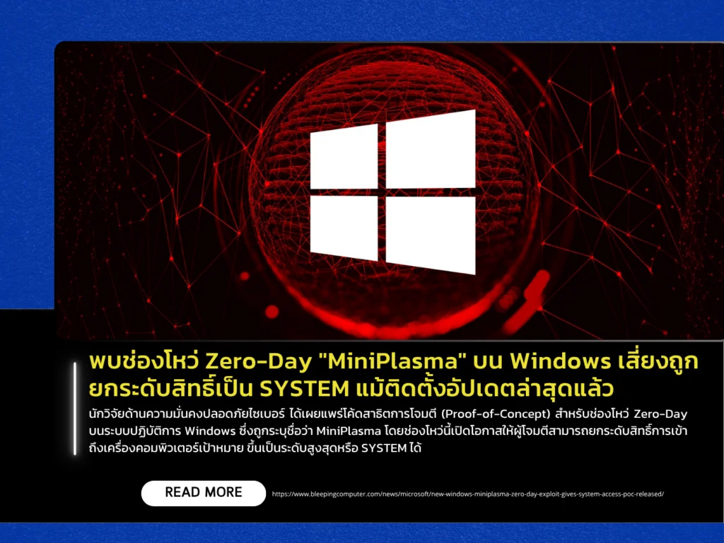 พบช่องโหว่ Zero-Day “MiniPlasma” บน Windows เสี่ยงถูกยกระดับสิทธิ์เป็น SYSTEM แม้ติดตั้งอัปเดตล่าสุดแล้ว