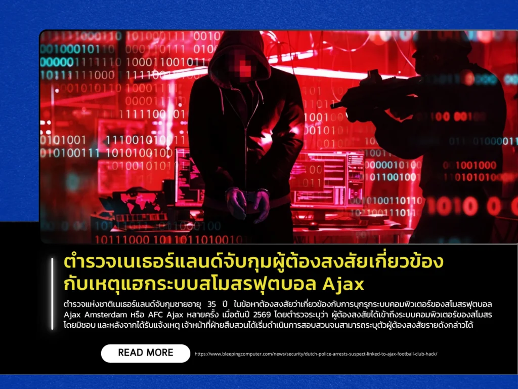 ตำรวจเนเธอร์แลนด์จับกุมผู้ต้องสงสัยเกี่ยวข้องกับเหตุแฮกระบบสโมสรฟุตบอล Ajax