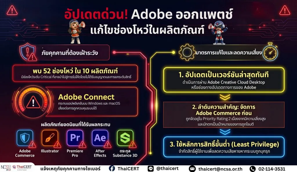 อัปเดตด่วน! Adobe ออกแพตช์แก้ไข 52 ช่องโหว่ใน 10 ผลิตภัณฑ์ กระทบหลายโปรแกรมยอดนิยม