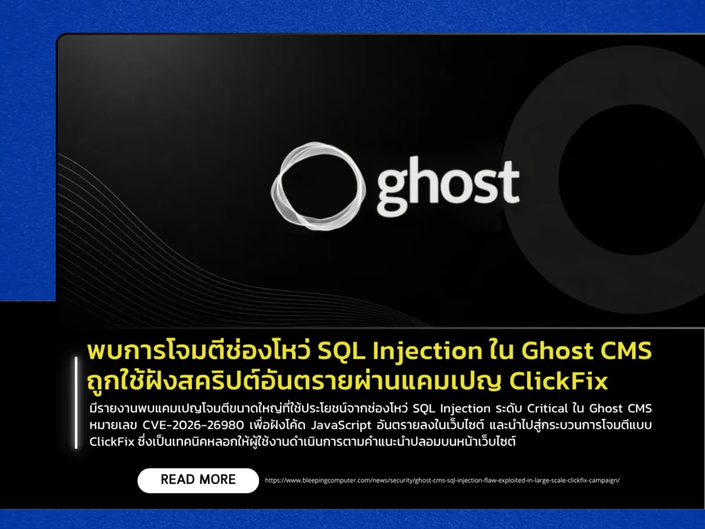 พบการโจมตีช่องโหว่ SQL Injection ใน Ghost CMS ถูกใช้ฝังสคริปต์อันตรายผ่านแคมเปญ ClickFix