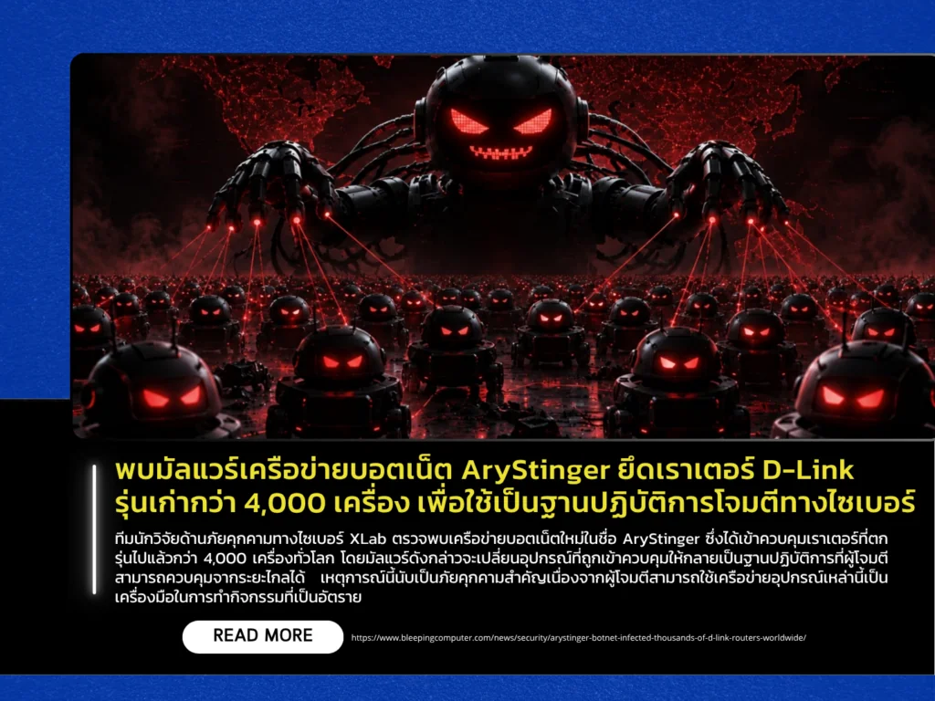 พบมัลแวร์เครือข่ายบอตเน็ต AryStinger ยึดเราเตอร์ D-Link รุ่นเก่ากว่า 4,000 เครื่อง เพื่อใช้เป็นฐานปฏิบัติการโจมตีทางไซเบอร์