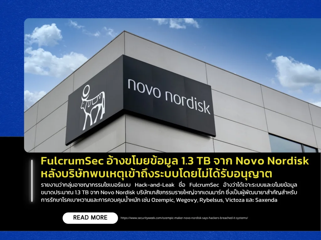 FulcrumSec อ้างขโมยข้อมูล 1.3 TB จาก Novo Nordisk หลังบริษัทพบเหตุเข้าถึงระบบโดยไม่ได้รับอนุญาต
