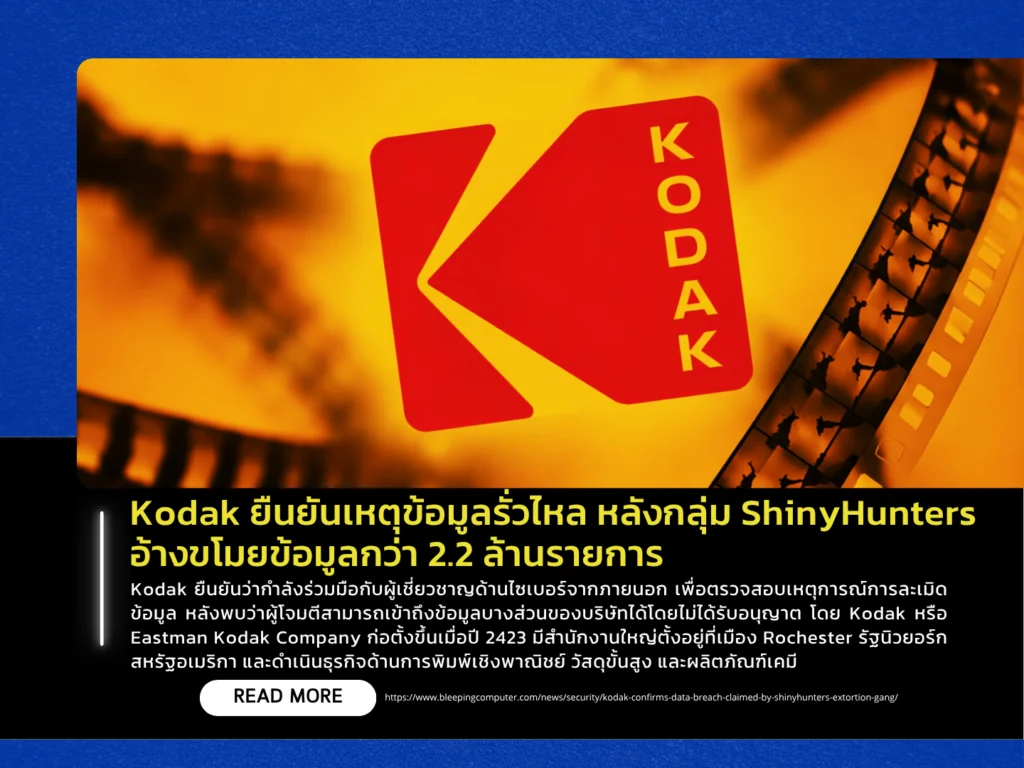 Kodak ยืนยันเหตุข้อมูลรั่วไหล หลังกลุ่ม ShinyHunters อ้างขโมยข้อมูลกว่า 2.2 ล้านรายการ
