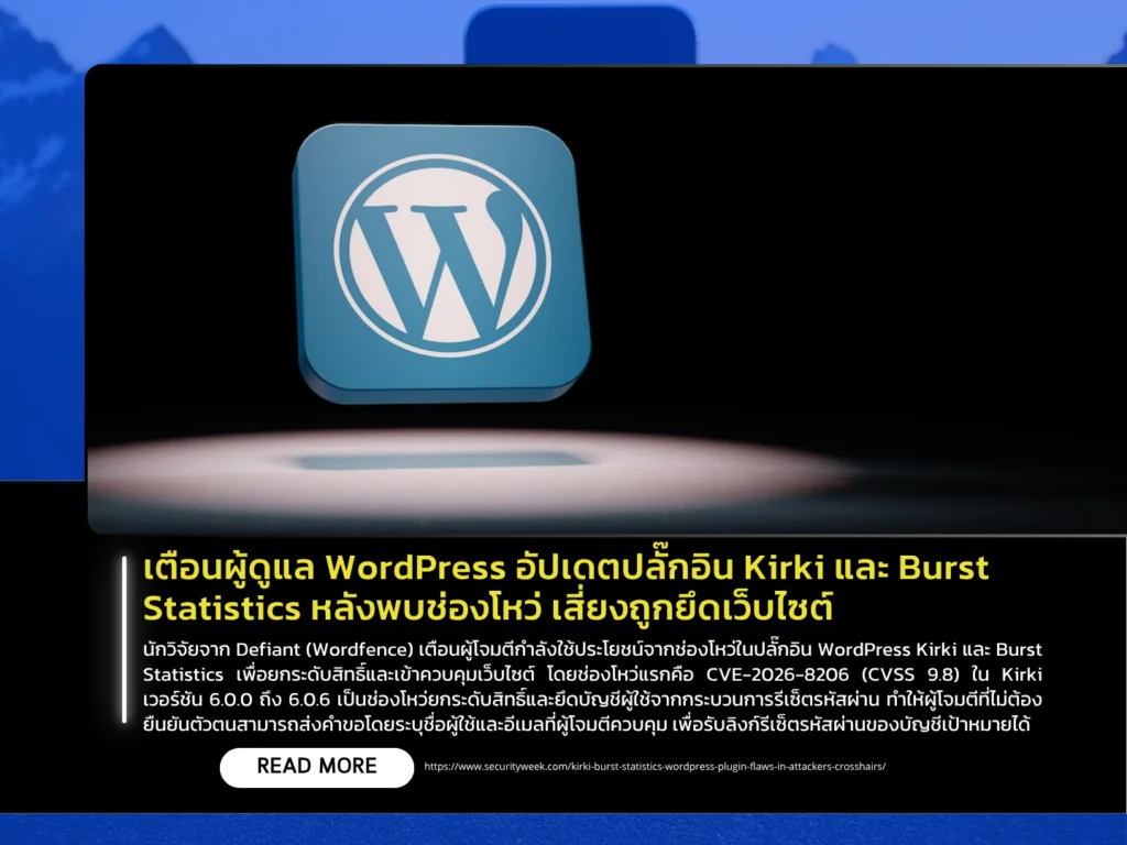 เตือนผู้ดูแล WordPress อัปเดตปลั๊กอิน Kirki และ Burst Statistics หลังพบช่องโหว่ เสี่ยงถูกยึดเว็บไซต์