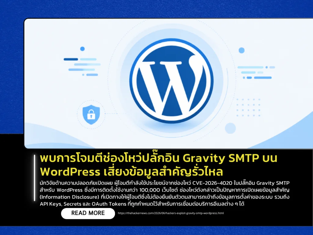 พบการโจมตีช่องโหว่ปลั๊กอิน Gravity SMTP บน WordPress เสี่ยงข้อมูลสำคัญรั่วไหล