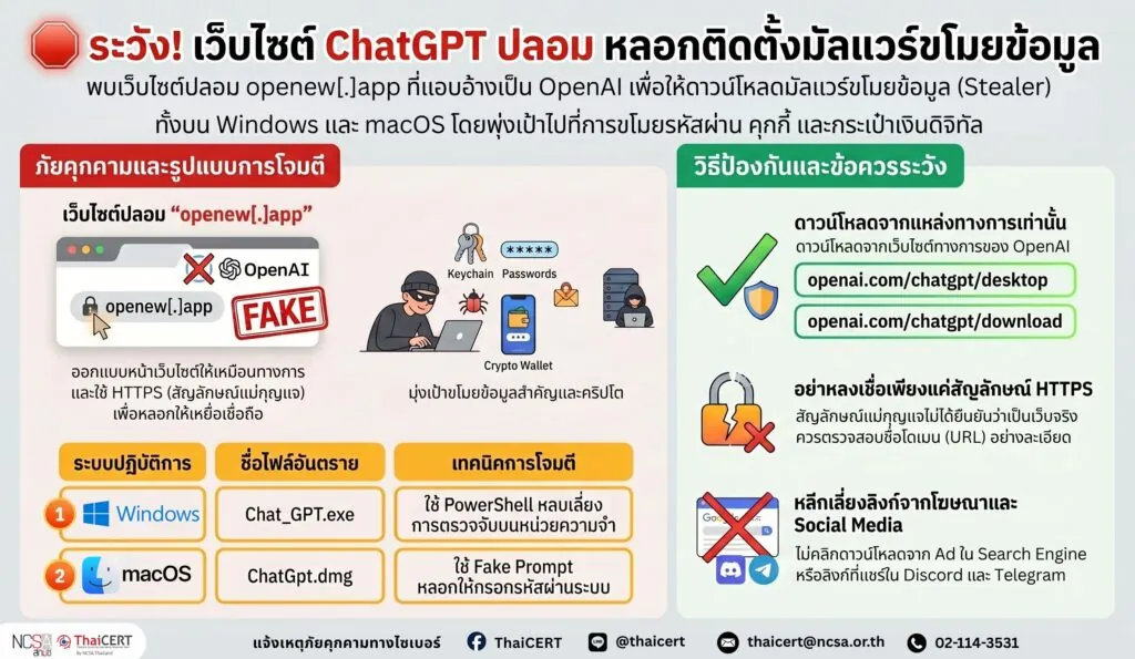 ด่วน พบเว็บไซต์ปลอมแอบอ้างเป็น ChatGPT หลอกดาวน์โหลดมัลแวร์ขโมยข้อมูลบน Windows และ macOS
