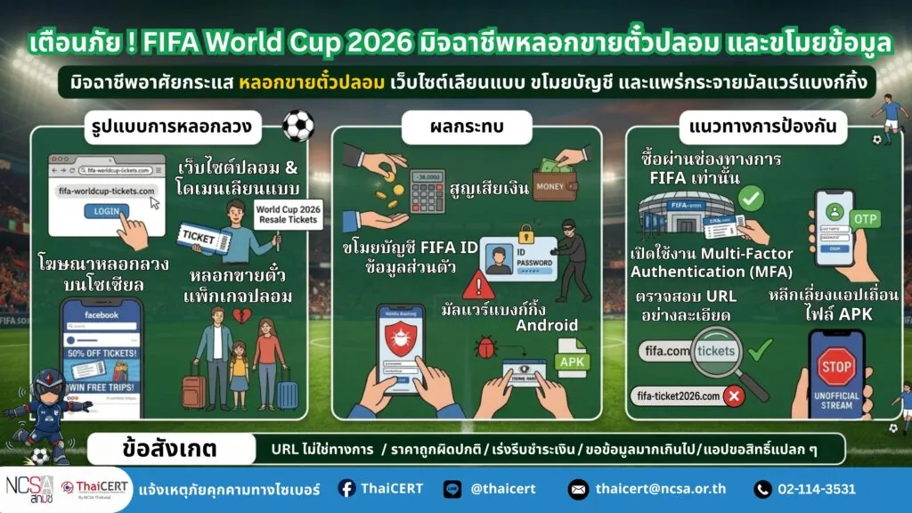 แจ้งเตือน ระวังมิจฉาชีพอาศัยกระแส FIFA World Cup 2026 หลอกขายตั๋วปลอม สร้างเว็บไซต์เลียนแบบ ขโมยบัญชีผู้ใช้งาน และแพร่กระจายมัลแวร์ผ่านแอปสตรีมมิงเถื่อน