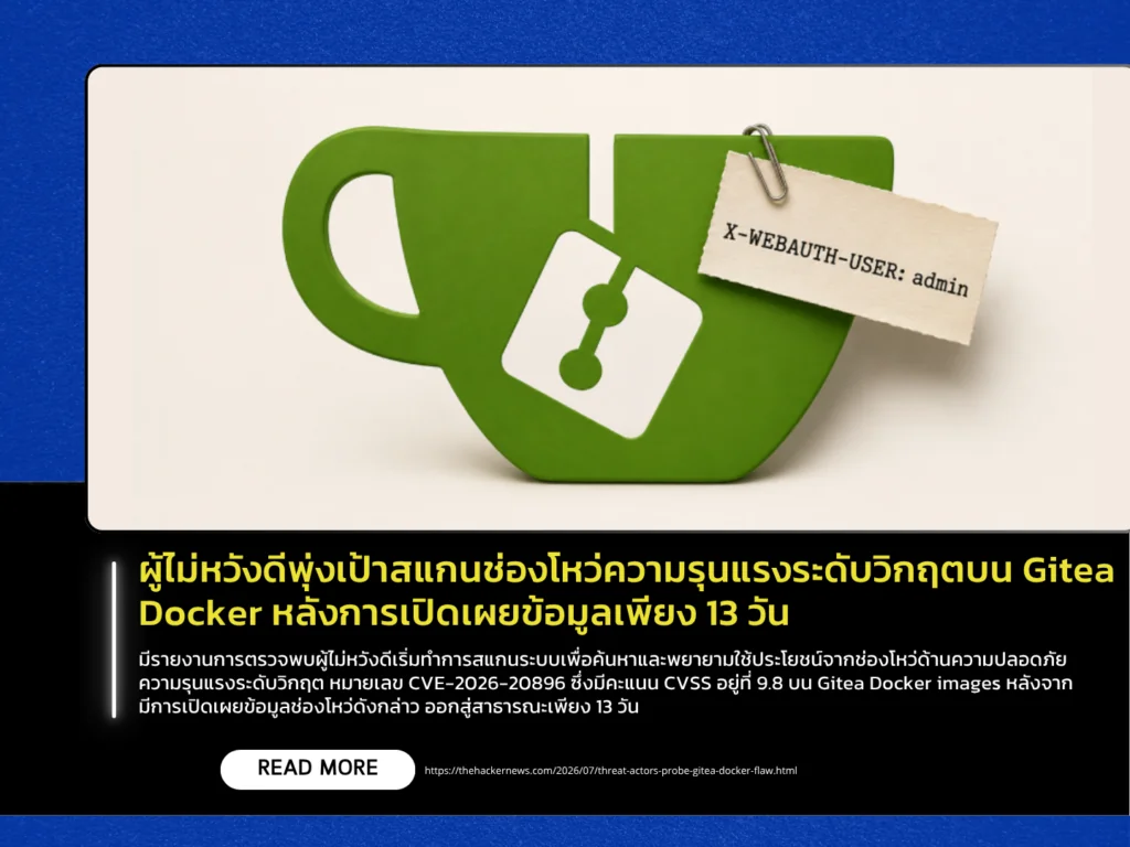 ผู้ไม่หวังดีพุ่งเป้าสแกนช่องโหว่ความรุนแรงระดับวิกฤตบน Gitea Docker หลังการเปิดเผยข้อมูลเพียง 13 วัน