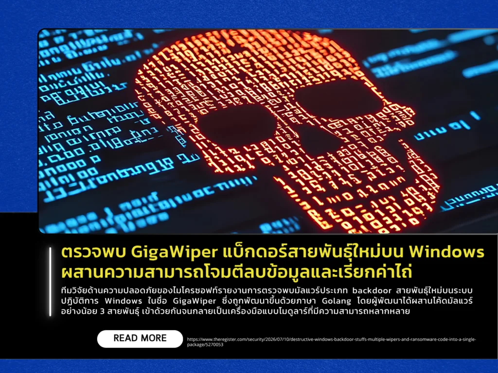 ตรวจพบ GigaWiper แบ็กดอร์สายพันธุ์ใหม่บน Windows ผสานความสามารถโจมตีลบข้อมูลและเรียกค่าไถ่