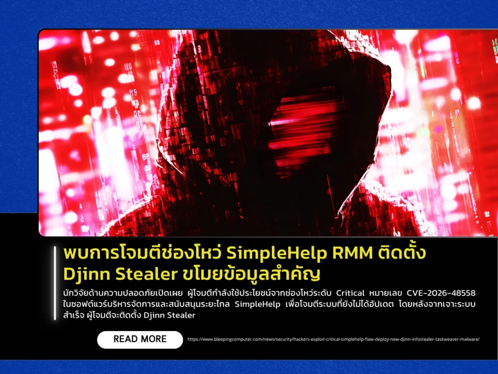 พบการโจมตีช่องโหว่ SimpleHelp RMM ติดตั้ง Djinn Stealer ขโมยข้อมูลสำคัญ