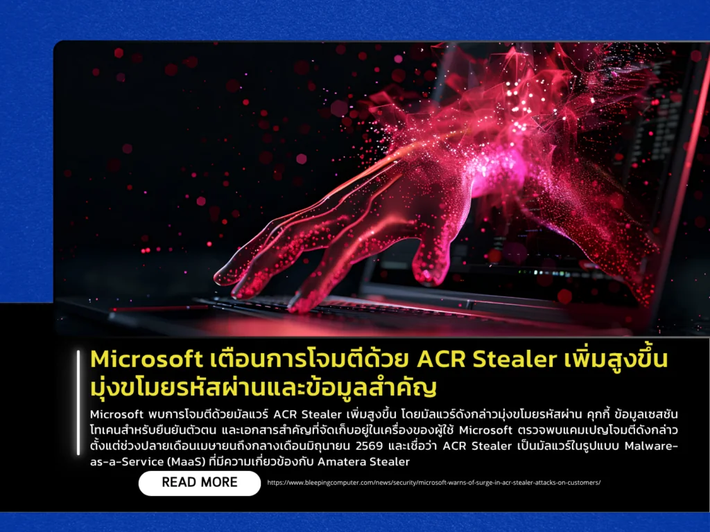Microsoft เตือนการโจมตีด้วย ACR Stealer เพิ่มสูงขึ้น มุ่งขโมยรหัสผ่านและข้อมูลสำคัญ
