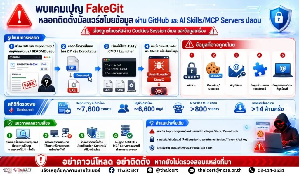พบแคมเปญ FakeGit หลอกติดตั้งมัลแวร์ขโมยข้อมูลผ่าน GitHub และ AI Skills/MCP Servers ปลอม
