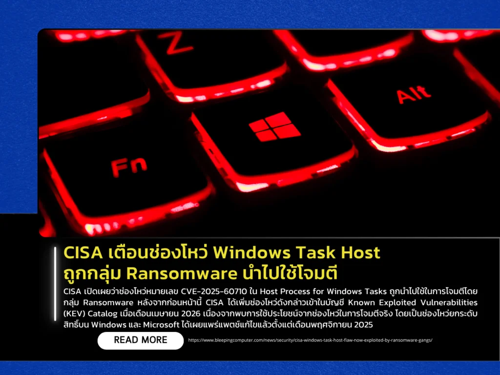 CISA เตือนช่องโหว่ Windows Task Host ถูกกลุ่ม Ransomware นำไปใช้โจมตี
