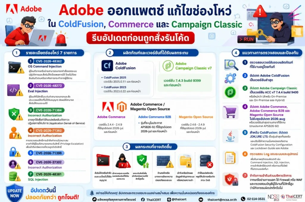 Adobe ออกแพตช์แก้ไขช่องโหว่ใน ColdFusion, Commerce และ Campaign Classic รีบอัปเดตก่อนถูกสั่งรันโค้ด