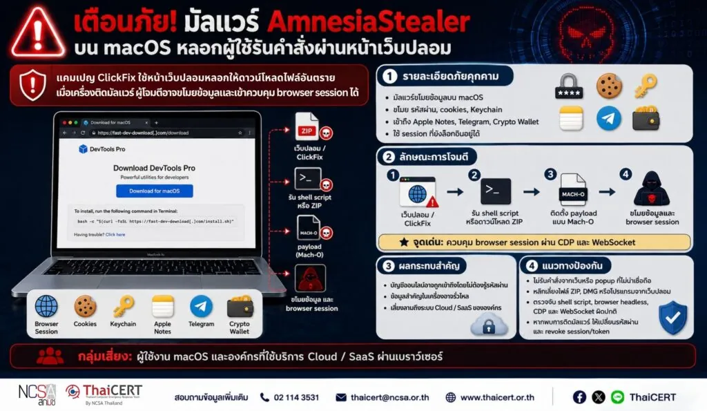 เตือนภัย! มัลแวร์ AmnesiaStealer บน macOS หลอกผู้ใช้รันคำสั่งผ่านหน้าเว็บปลอม