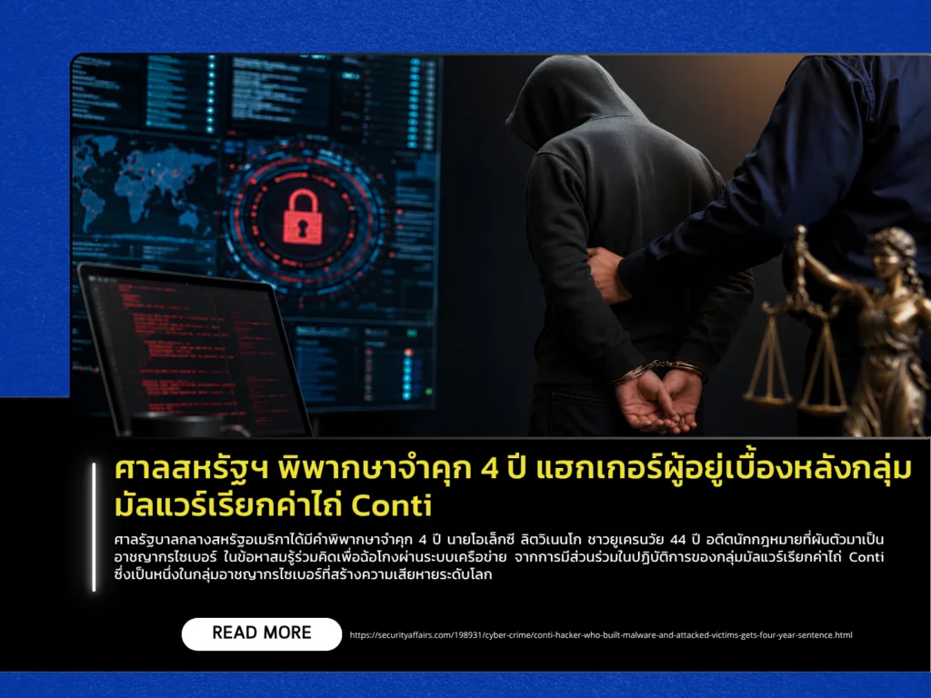 ศาลสหรัฐฯ พิพากษาจำคุก 4 ปี แฮกเกอร์ผู้อยู่เบื้องหลังกลุ่มมัลแวร์เรียกค่าไถ่ Conti