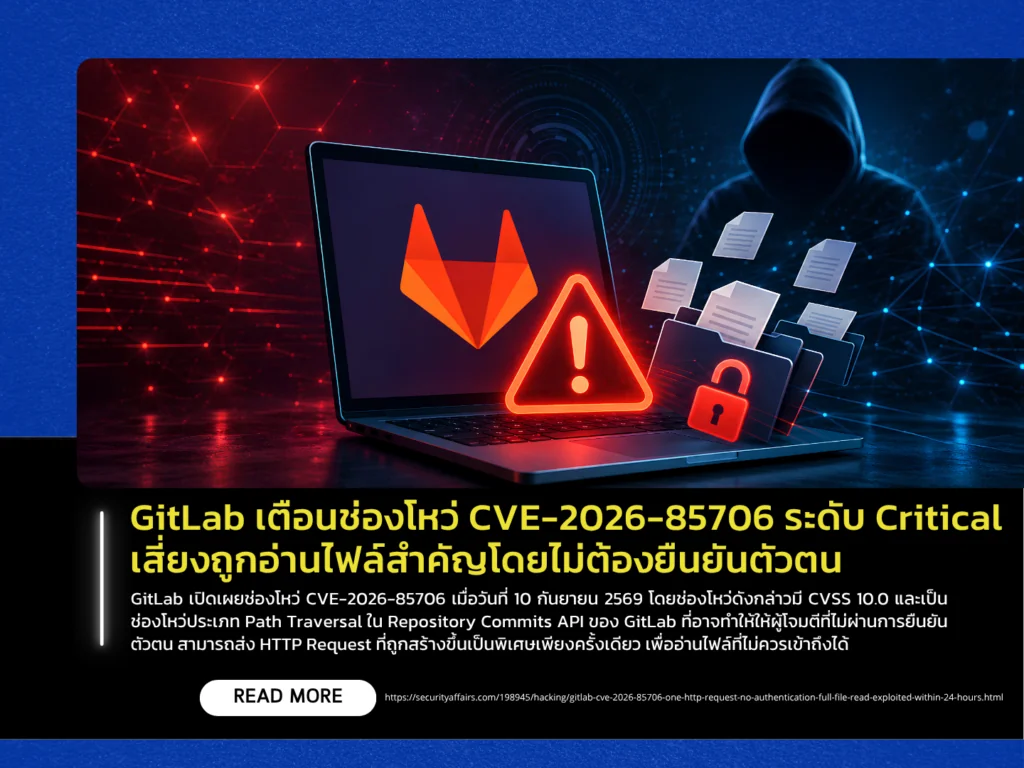 GitLab เตือนช่องโหว่ CVE-2026-85706 ระดับ Critical เสี่ยงถูกอ่านไฟล์สำคัญโดยไม่ต้องยืนยันตัวตน