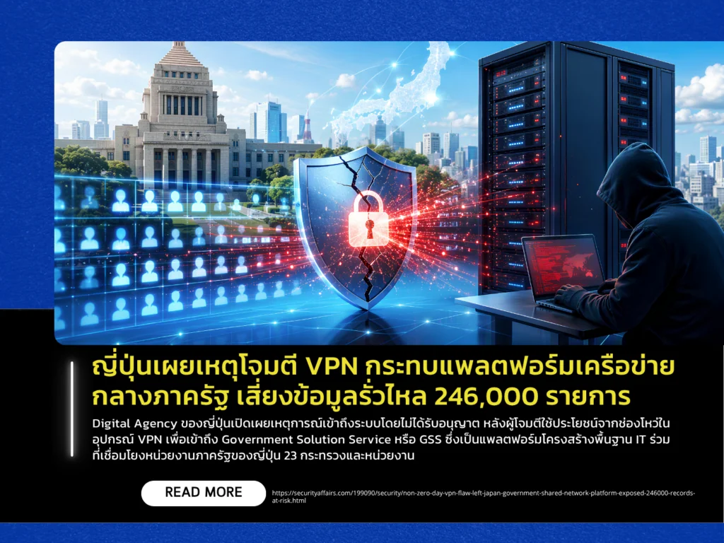 ญี่ปุ่นเผยเหตุโจมตี VPN กระทบแพลตฟอร์มเครือข่ายกลางภาครัฐ เสี่ยงข้อมูลรั่วไหล 246,000 รายการ
