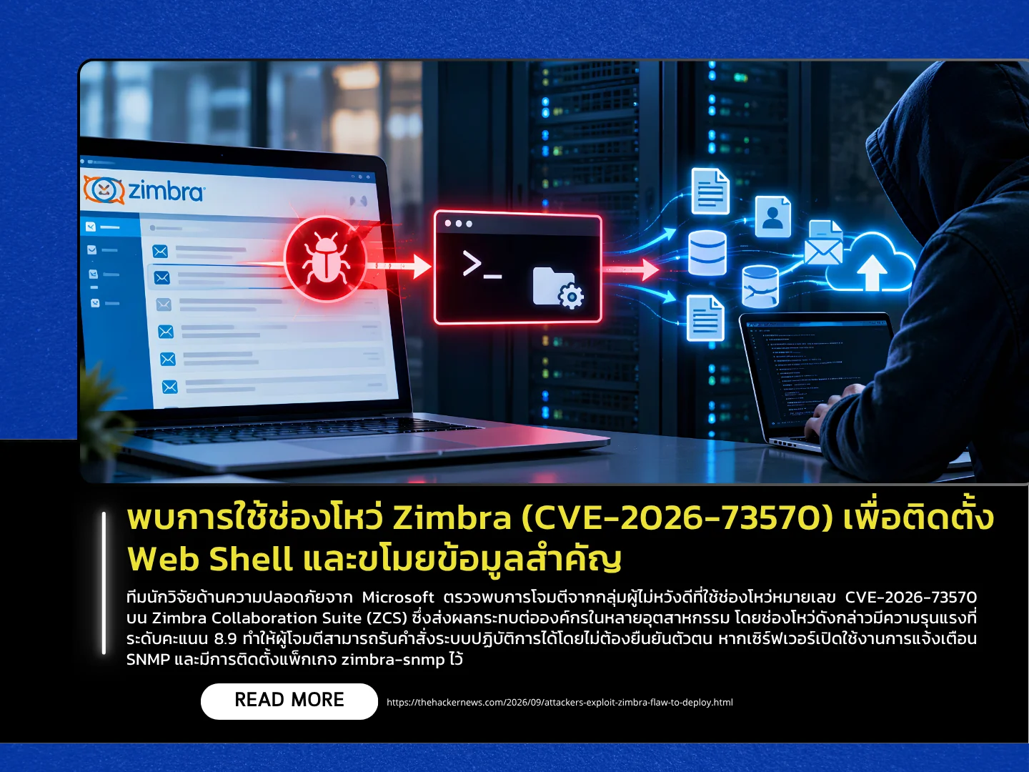 Zimbra 的一个漏洞 (CVE-2026-73570) 已被发现正被利用来安装 Web Shell 并窃取敏感信息。——泰国计算机应急响应小组 (ThaiCERT)
