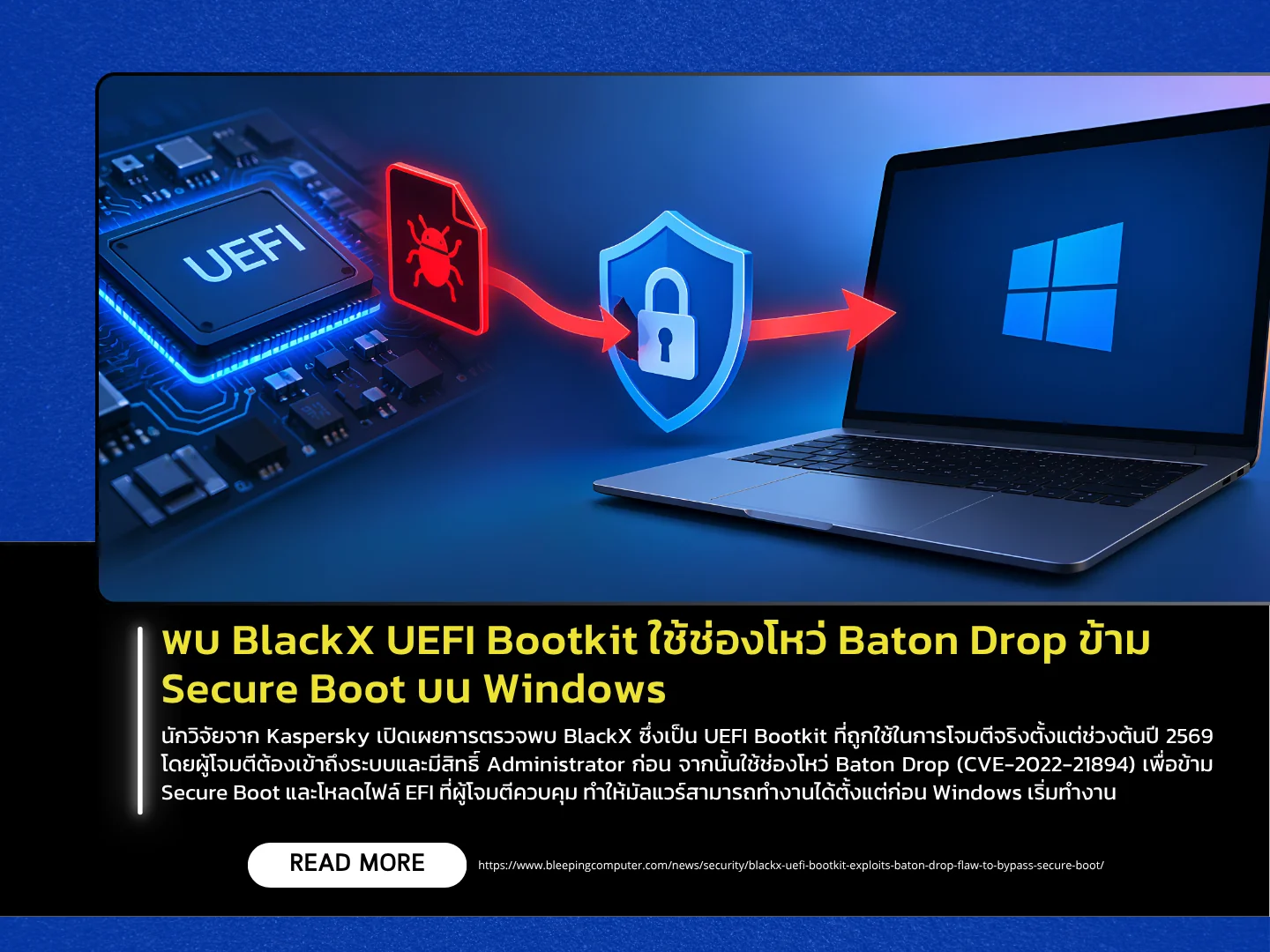 泰国计算机应急响应小组 (ThaiCERT) 发现 BlackX UEFI Bootkit 利用 Baton Drop 漏洞绕过 Windows 安全启动。