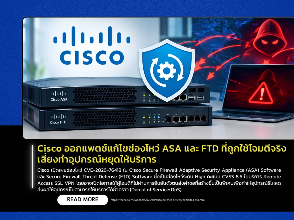 Cisco ออกแพตช์แก้ไขช่องโหว่ ASA และ FTD ที่ถูกใช้โจมตีจริง เสี่ยงทำอุปกรณ์หยุดให้บริการ