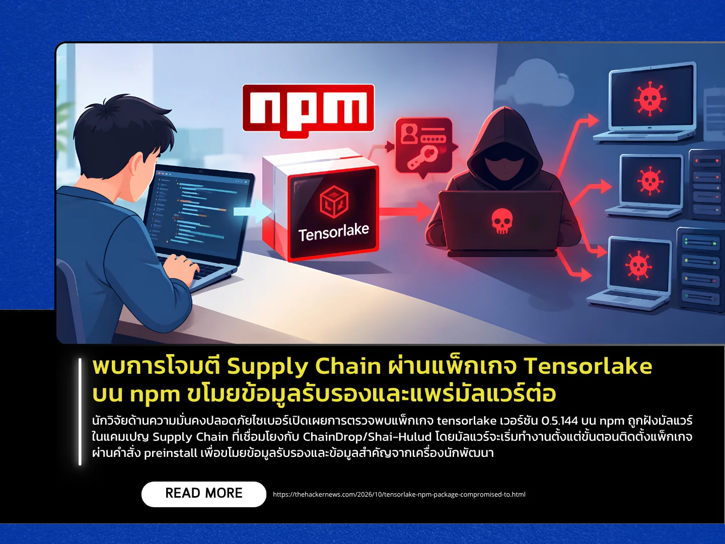 泰国计算机应急响应小组 (ThaiCERT) 检测到一起利用 npm 上 Tensorlake 软件包的供应链攻击，该攻击窃取凭证并传播恶意软件。