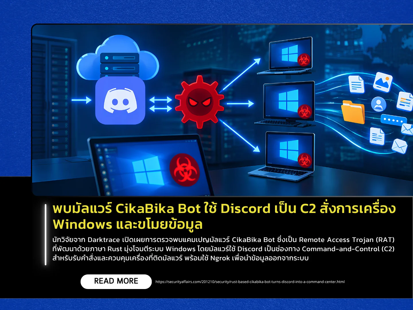 泰国计算机应急响应小组（ThaiCERT）发现，一种名为CikaBika Bot的恶意软件利用Discord作为C2指挥中心，控制Windows机器并窃取数据。