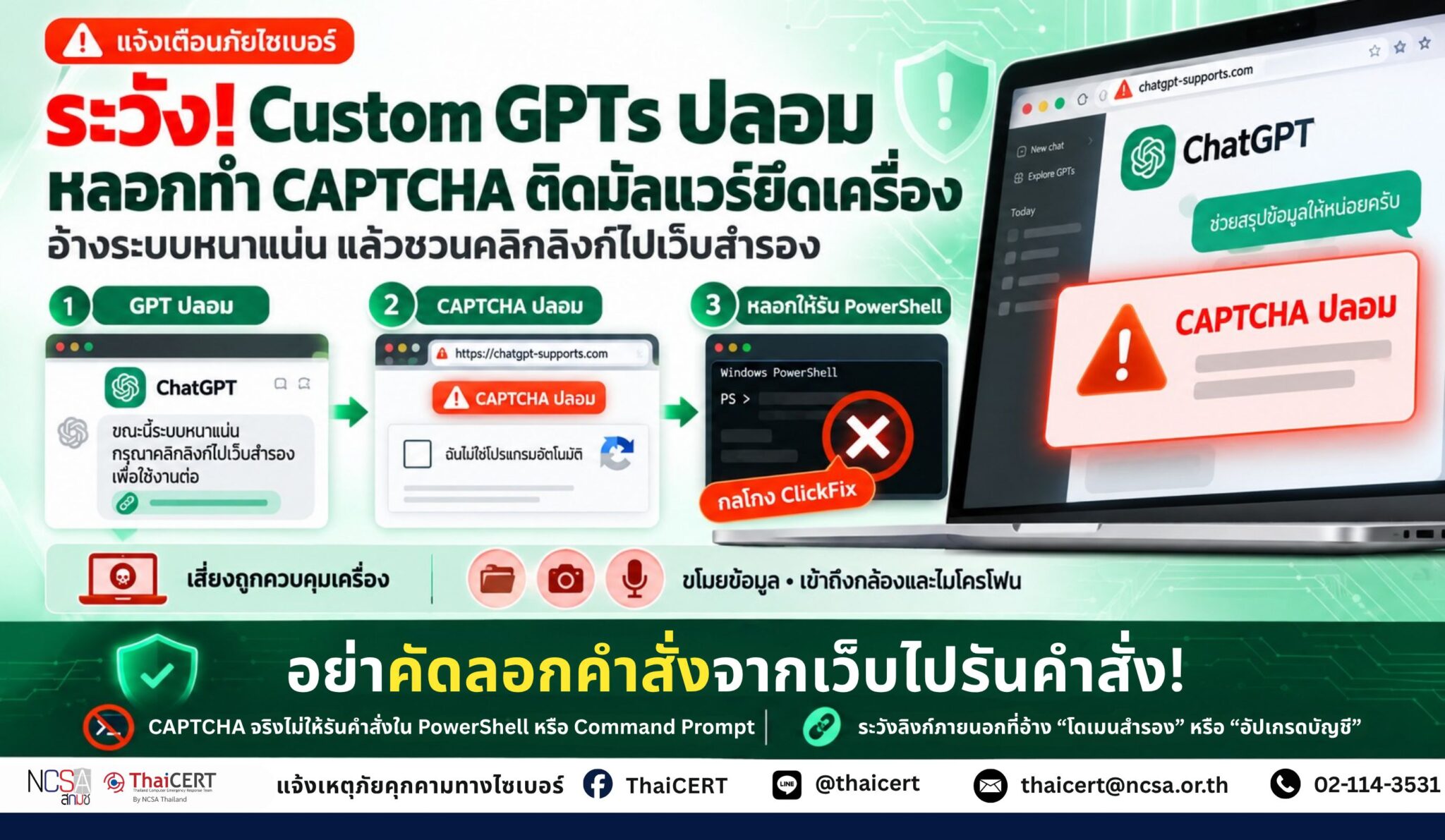 警告!ChatGPT 上的虚假自定义 GPT 正在诱骗用户安装恶意软件,这些恶意软件利用虚假验证码技术劫持用户系统。——泰国计算机应急响应小组 (ThaiCERT)